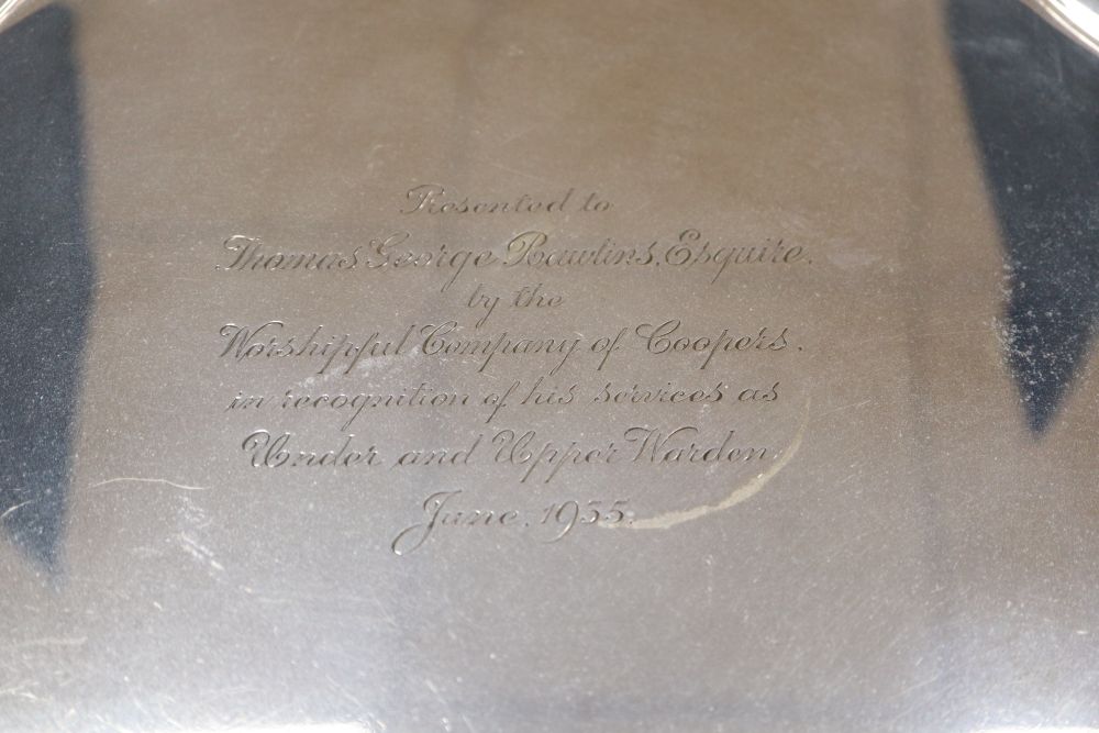 A George V silver salver, with later engraved inscription, London, 1934, 30.5cm, 27oz.